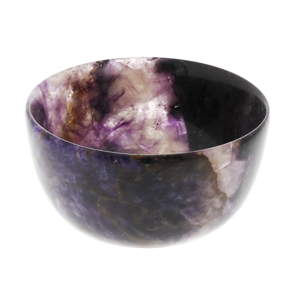 A Blue John bowl Of hemispherical form with patches of dark violet, amethyst and lilac hues, 61mm