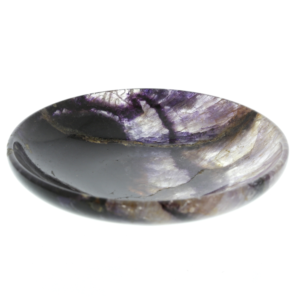 A small Blue John dish.  Of circular form, one half dark violet, the other half paler but with