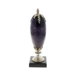 A Blue John urn. Treak Cliff Blue Vein The elongated ovoid body with cast acorn and oak leaf