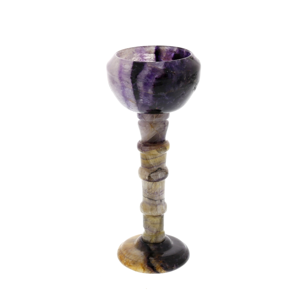 A Blue John pedestal cup. Treak Cliff Blue Vein The hemispherical bowl with sloping rim over bands