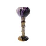 A Blue John pedestal cup. Treak Cliff Blue Vein The hemispherical bowl with sloping rim over bands