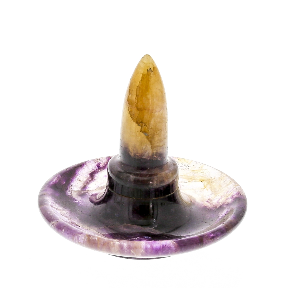 A Blue John ring stand.Treak Cliff Blue Vein The dished circular body with central bullet-shaped