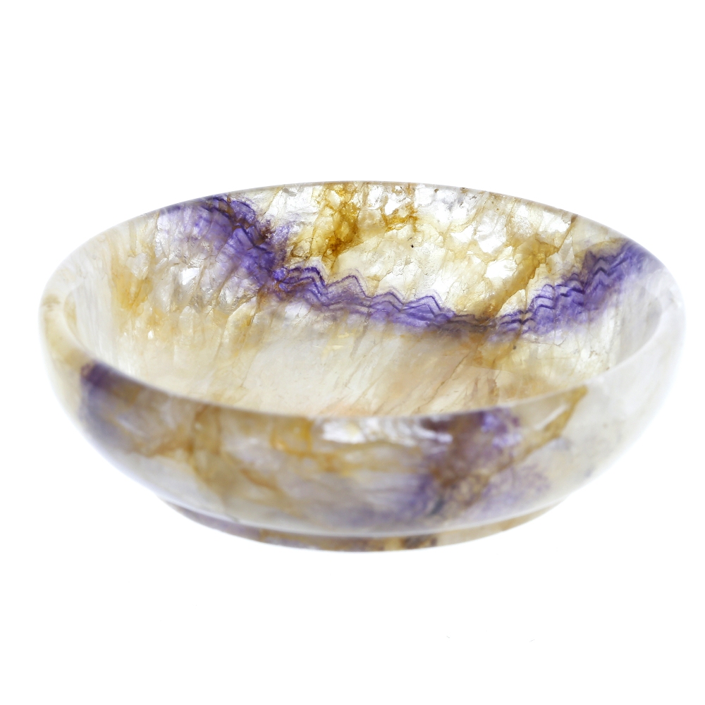 A Blue John shallow dish Of squat circular form with two bands of amethyst parallel veining, 73mm