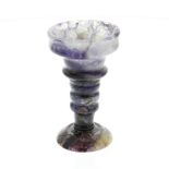 A Blue John pedestal cup The pan-topped bowl over bulging collar and multi-knopped tapering stem