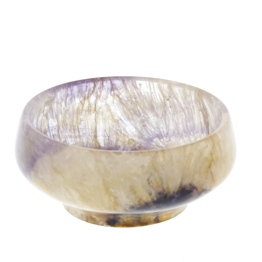 A Blue John bowl Of shallow circular form with bulging sides, the 'cracked ice' ground with dark