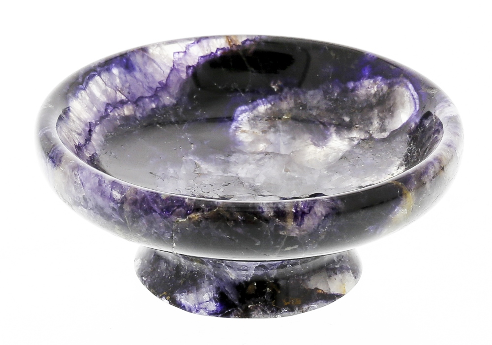 A Blue John footed bowl. Treak Cliff Blue Vein The squat circular body with mottled lilac to