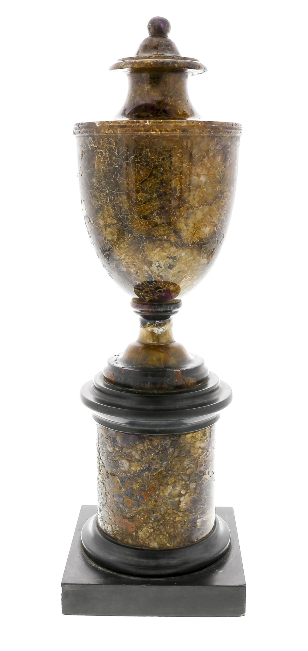 A Blue John pedestal urn 19th century Of neoclassical shouldered ovoid form, the ball knop over