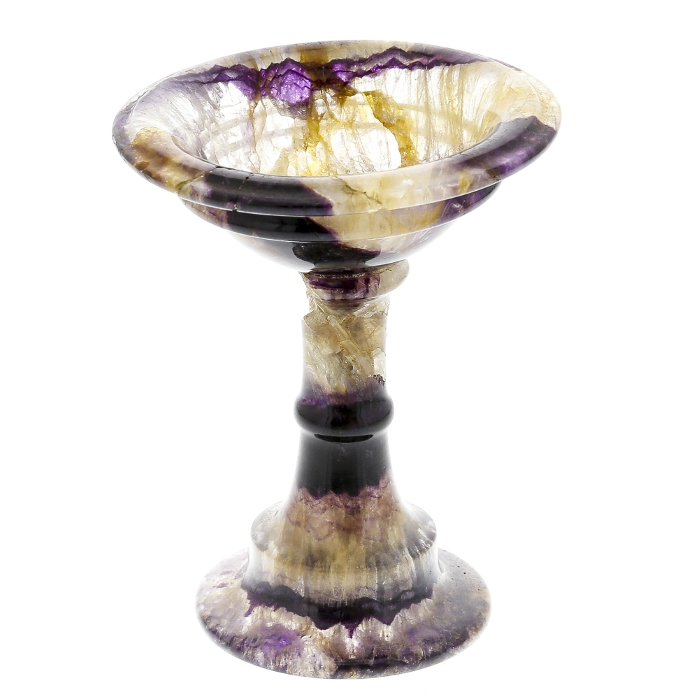 A small Blue John pedestal dish. Old Tor Vein The flared circular bowl with U-shaped dark amethyst