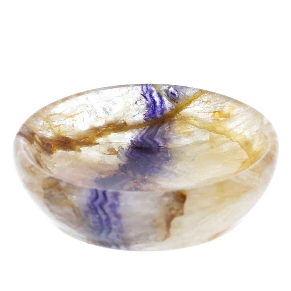 A small Blue John bowl Of circular form with 'vaseline' ground and a central wavy parallel band of