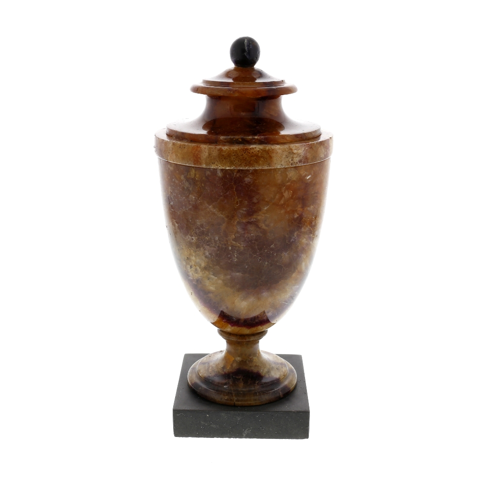 A fine Blue John cassolet or urn and cover The double-sided cover with ball finial over disc knop,