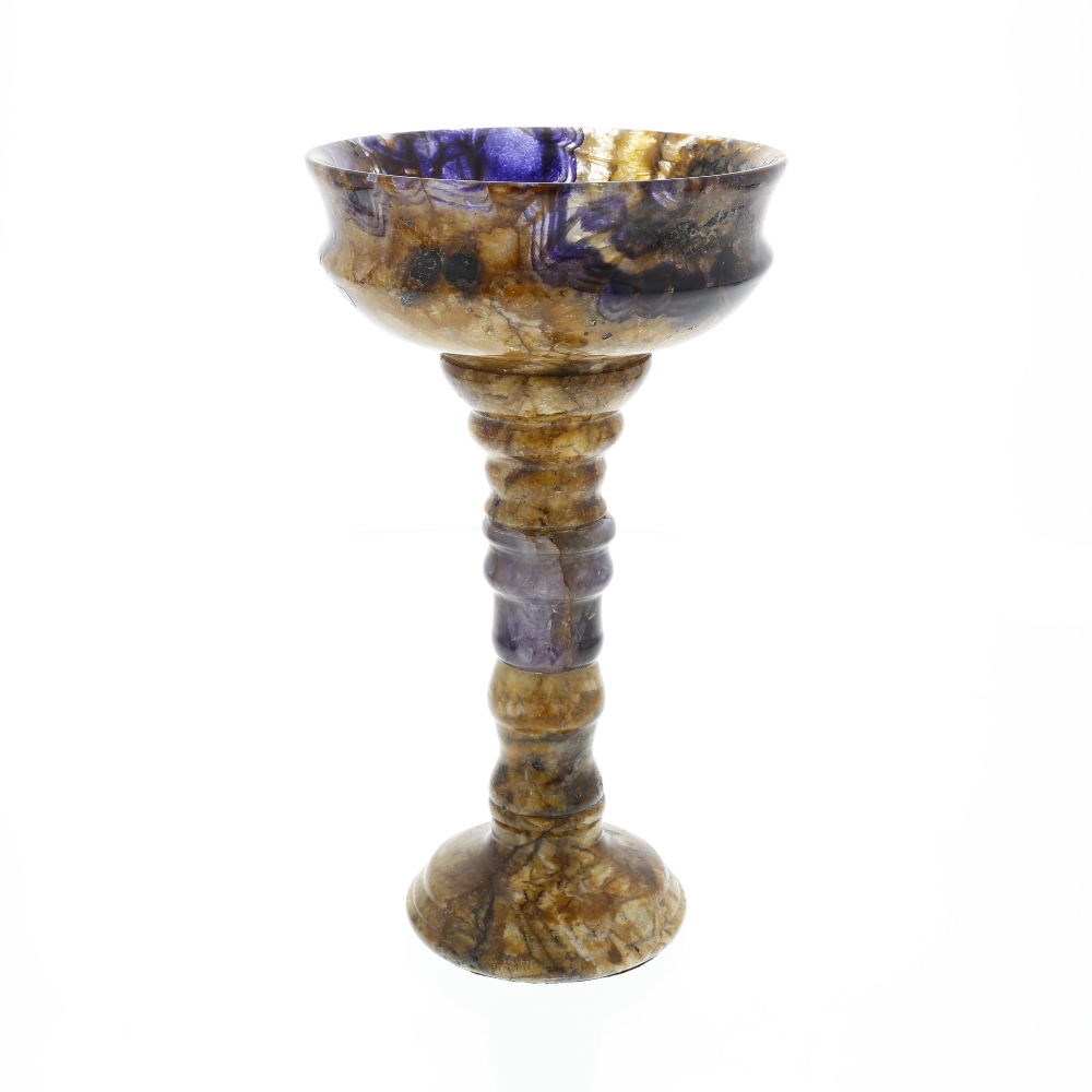 A Blue John pedestal cup or chalice. Old Tor Vein The shallow ogee bowl with waisted upper body,