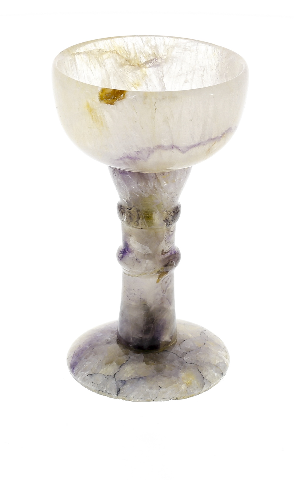 A Blue John goblet The hemispherical bowl with pale lilac veining on a knopped stem and plain