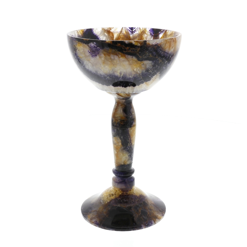 A fine Blue John chalice. Old Tor Vein With flat-bottomed hemispherical bowl having pronounced