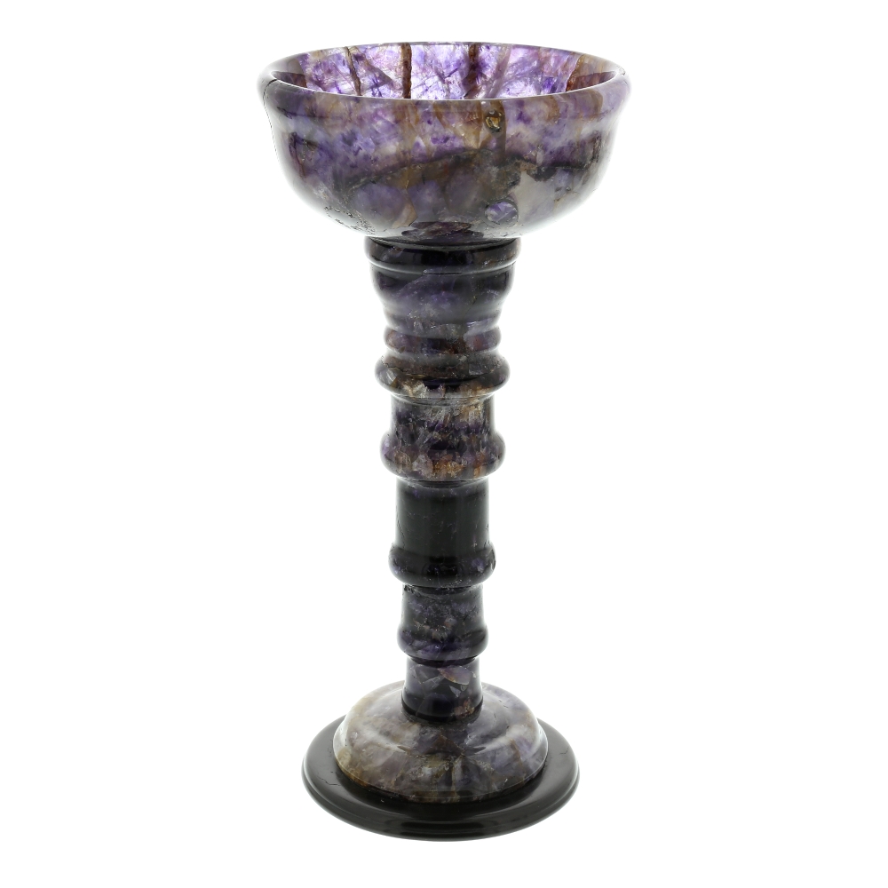 A Blue John pedestal cup or chalice. Treak Cliff Blue Vein The squat hemispherical bowl with