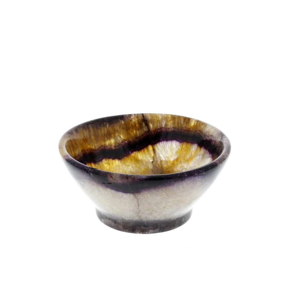 A Blue John bowl. Winnats One Vein Of steep-sided form on foot, with a ring of violet banding, 103mm