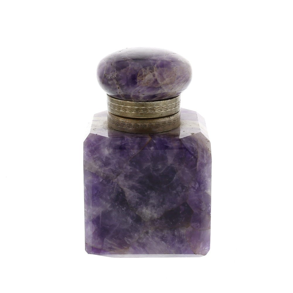 An amethyst ink bottle The hinged cover with flattened bun finial over engraved rim, the canted