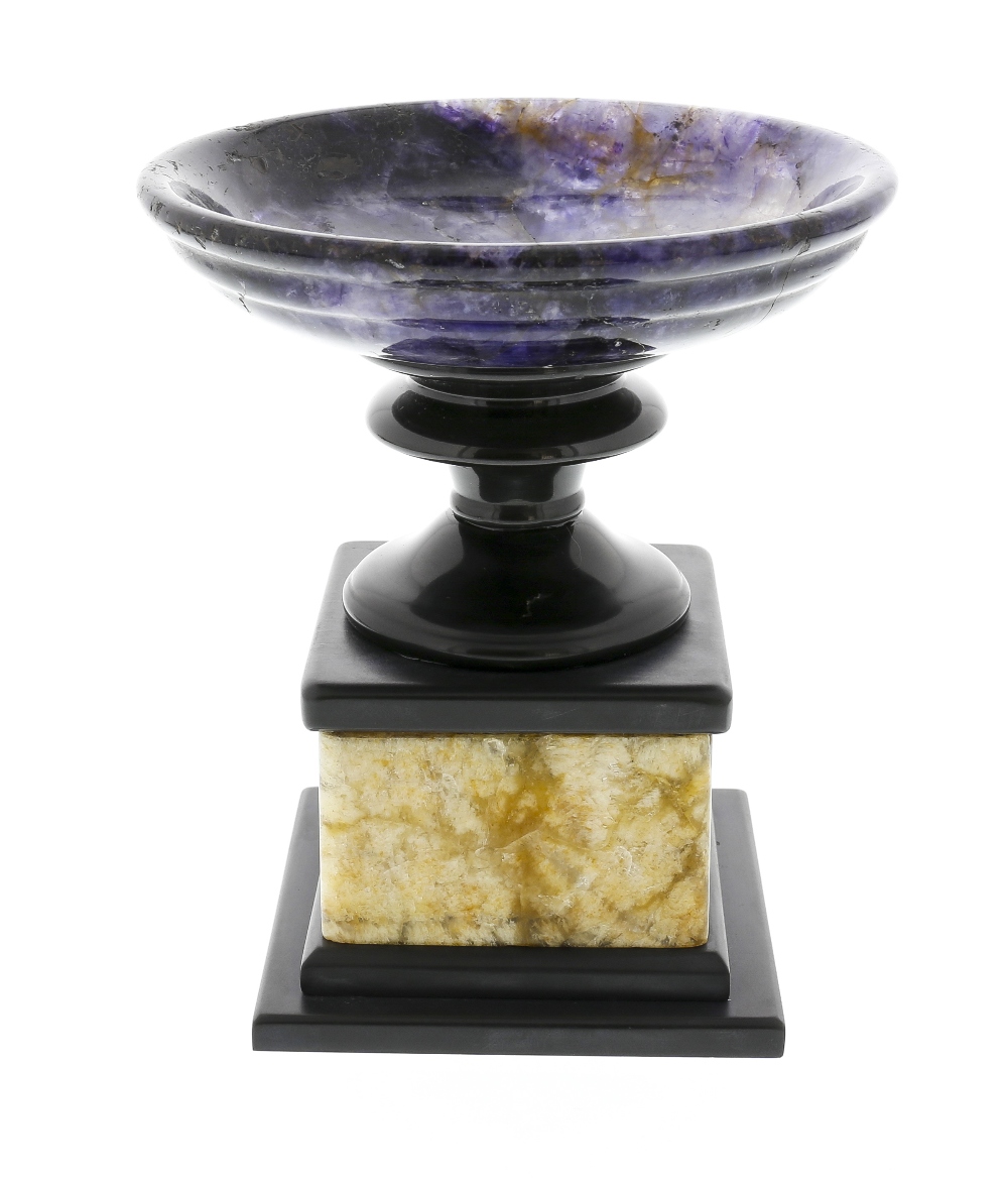 A Blue John pedestal dish or tazza. Treak Cliff Blue Vein The shallow ogee bowl with raised disc