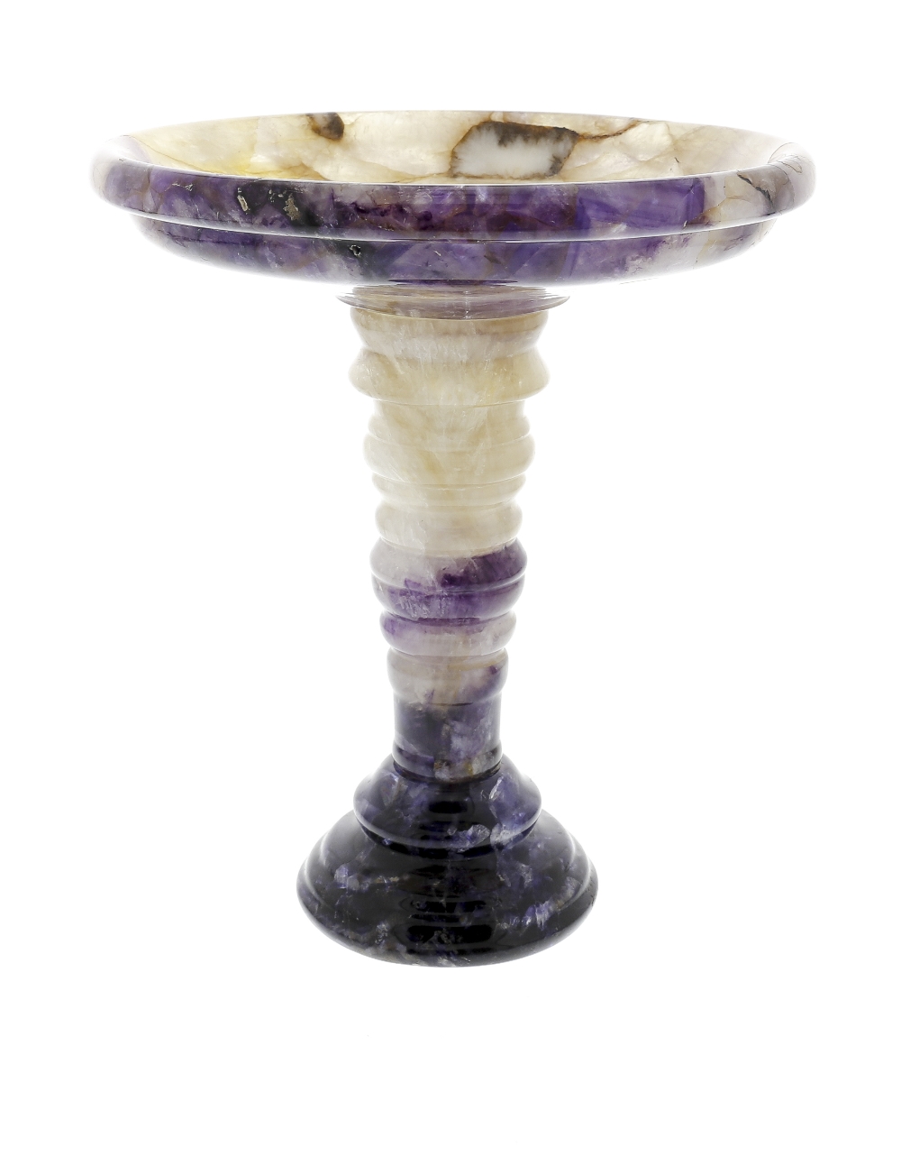 A Blue John pedestal dish or tazza. Treak Cliff Blue Vein The dished circular bowl with raised