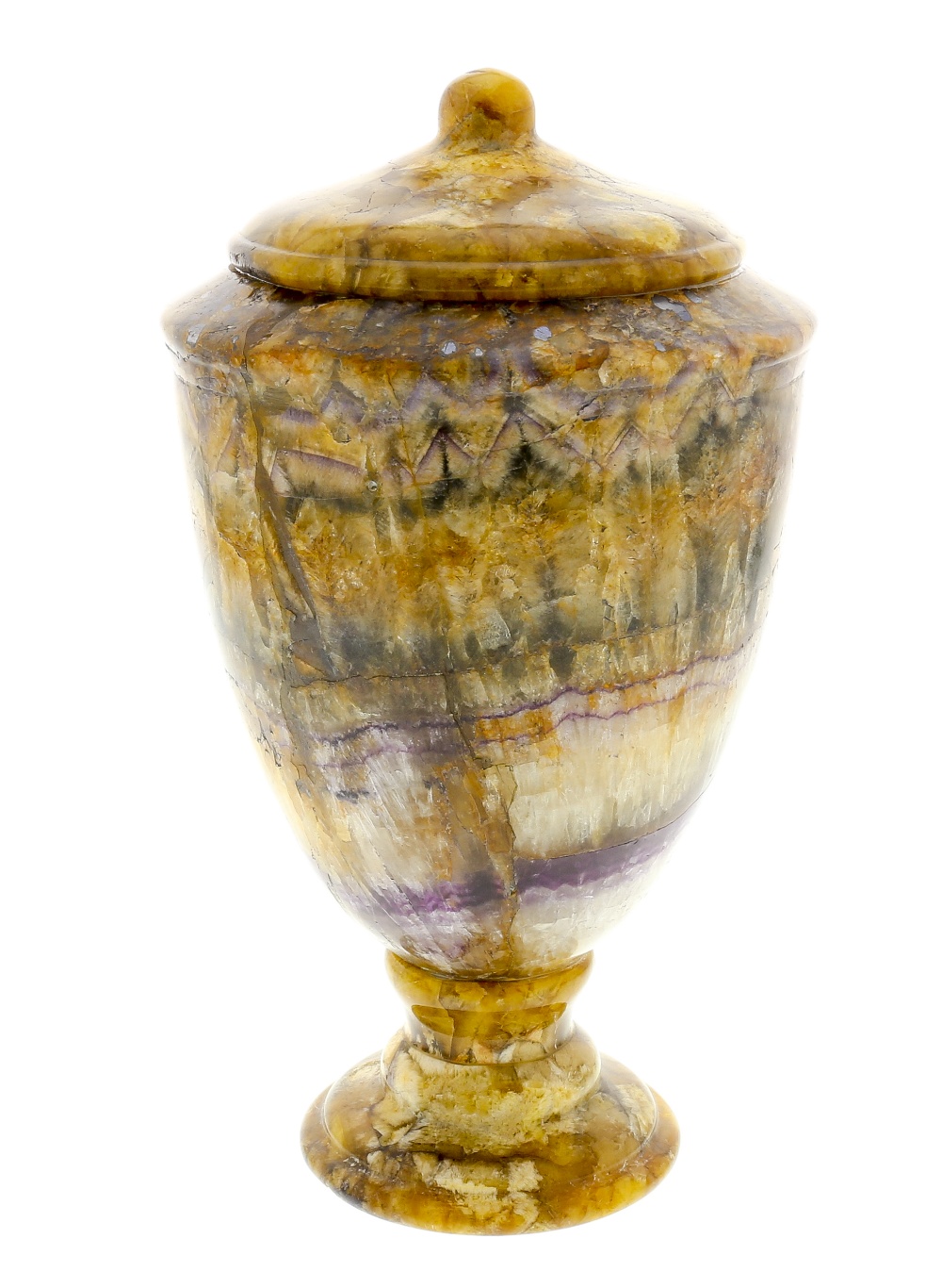 A Blue John urn. Winnats One Vein Of neoclassical ovoid form, the fixed domed Hatterel surmount with