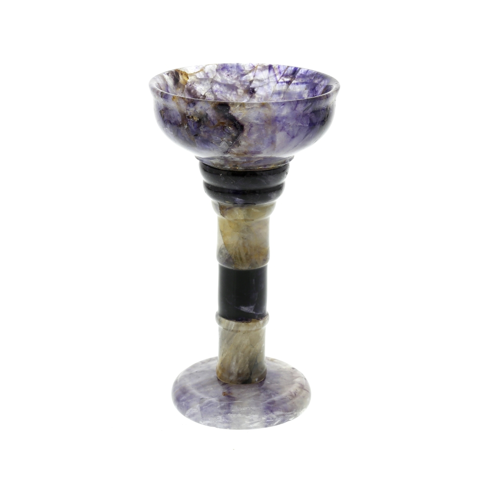 A Blue John pedestal cup. Treak Cliff Blue Vein The pan-topped circular bowl on knopped tapering