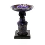 A Blue John pedestal tazza. Treak Cliff Blue Vein The dished circular top on knopped stem and