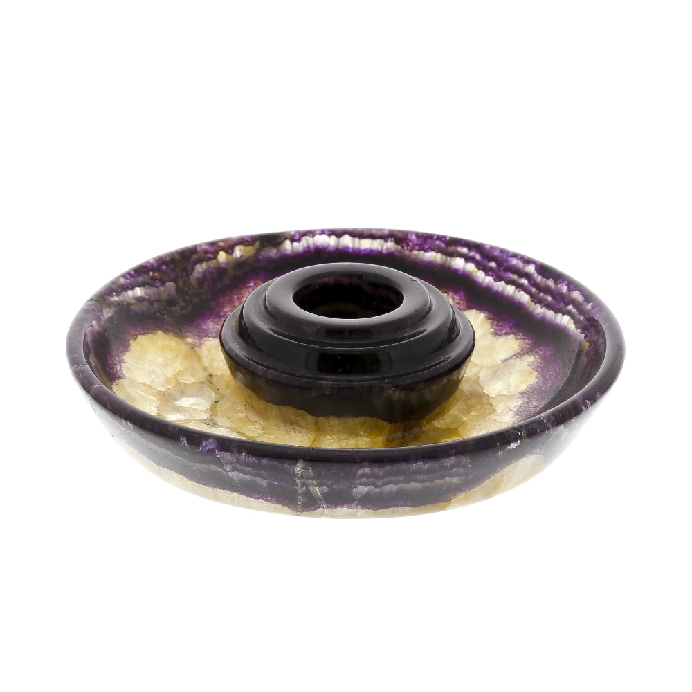 A Blue John candlestick. Winnats One Vein The dished circular base with good parallel violet