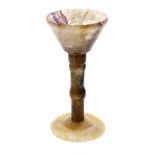 A Blue John goblet The sloping funnel bowl with a band of lilac parallel veining on a 'vaseline'