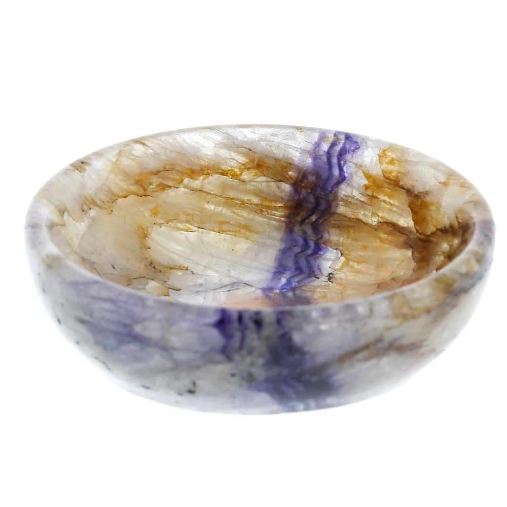 A small Blue John shallow bowl or dish With band of parallel veining on a 'vaseline' ground, 58mm