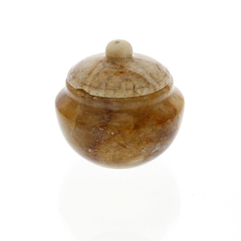 A Derbyshire Fluorspar pot and cover The domed cover with bun finial, the squat ovoid body