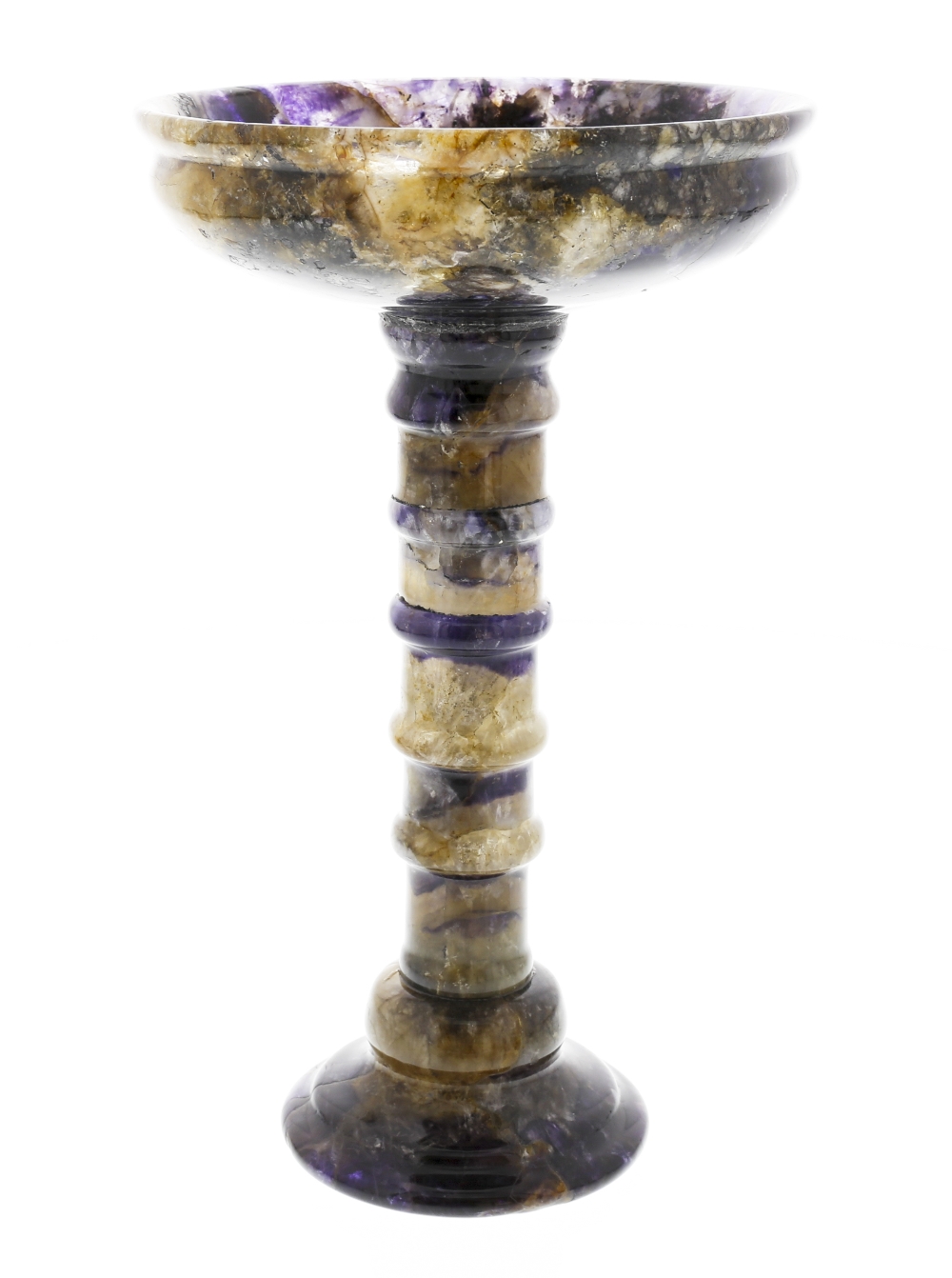 A Blue John pedestal dish or tazza. Winnats Five Vein The shallow circular bowl with flared rim,