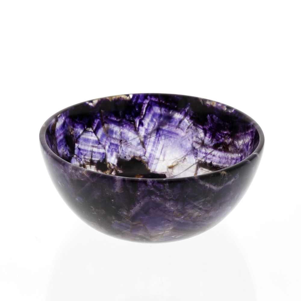 A Blue John bowl. Treak Cliff Blue Vein Of flat-bottomed hemispherical form with dark amethyst rim