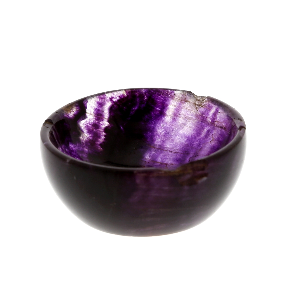 A small Blue John bowl Of hemispherical form with all-over veining, 37mm rim diameter x 16mm high,