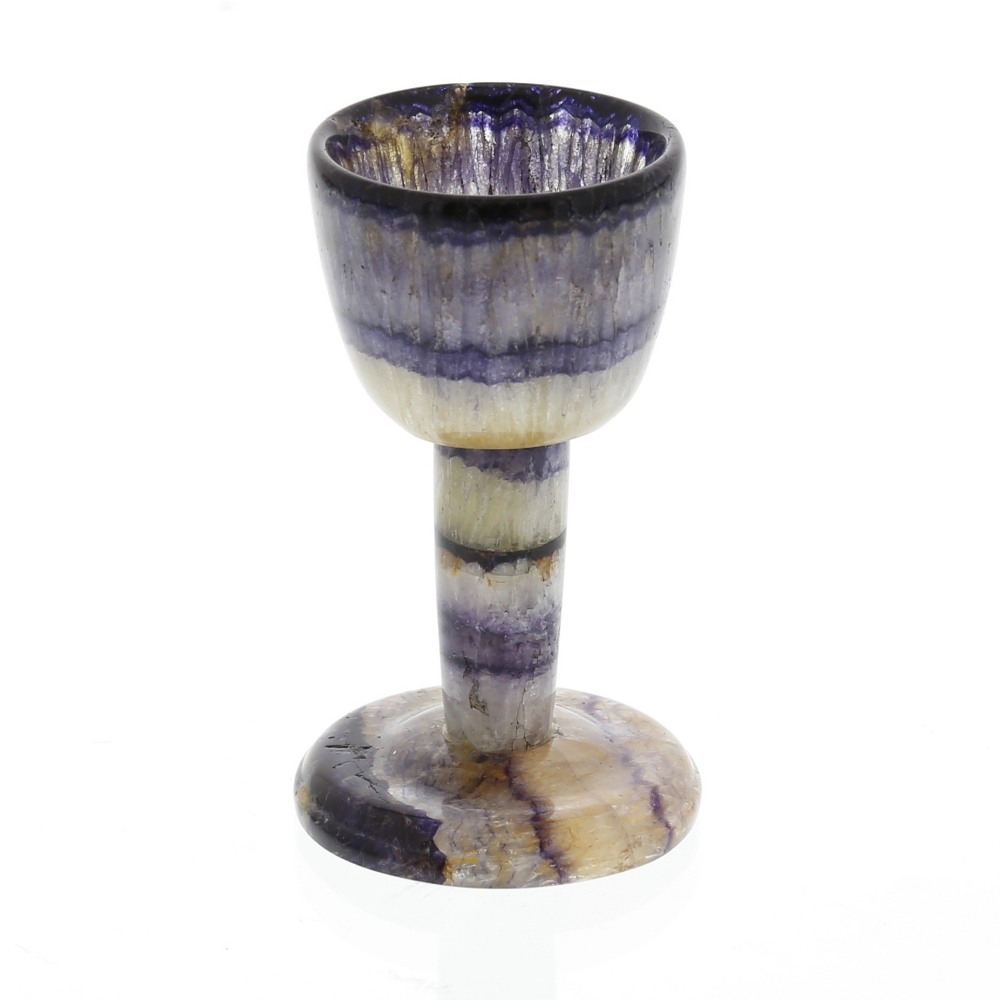 A Blue John miniature chalice or goblet. Millers Vein The rounded funnel bowl with dark rim band