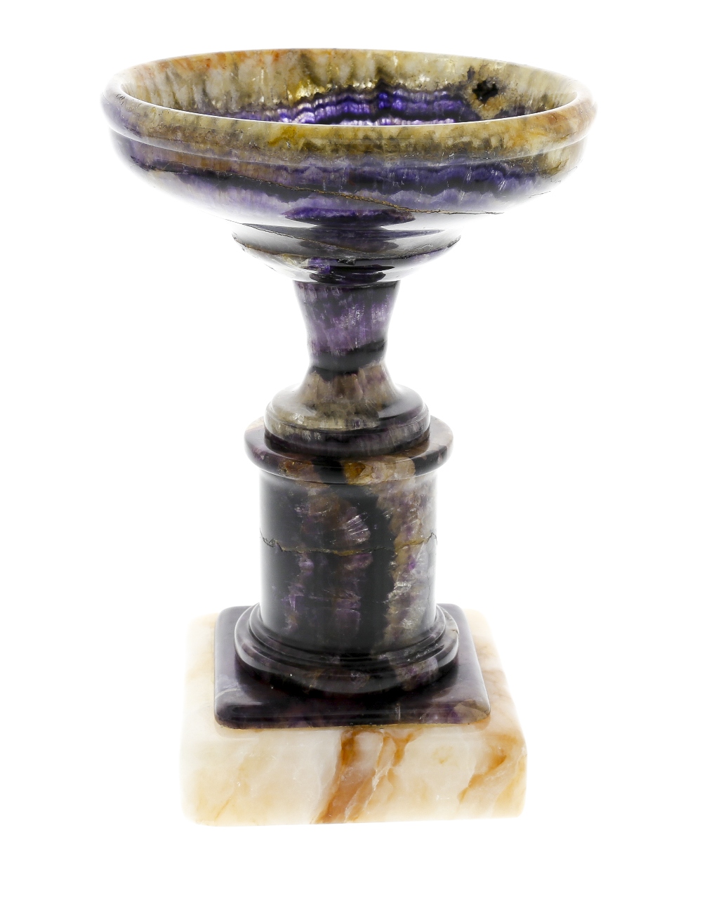 A Blue John pedestal dish or tazza. New Cavern Vein The circular bowl with internal central boss