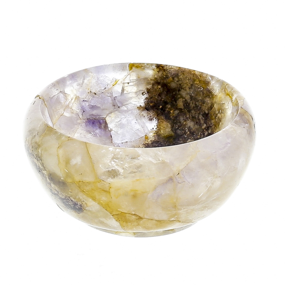 A small Blue John bowl. Of hemispherical form with marble 'vaseline' hue and dark medial band,