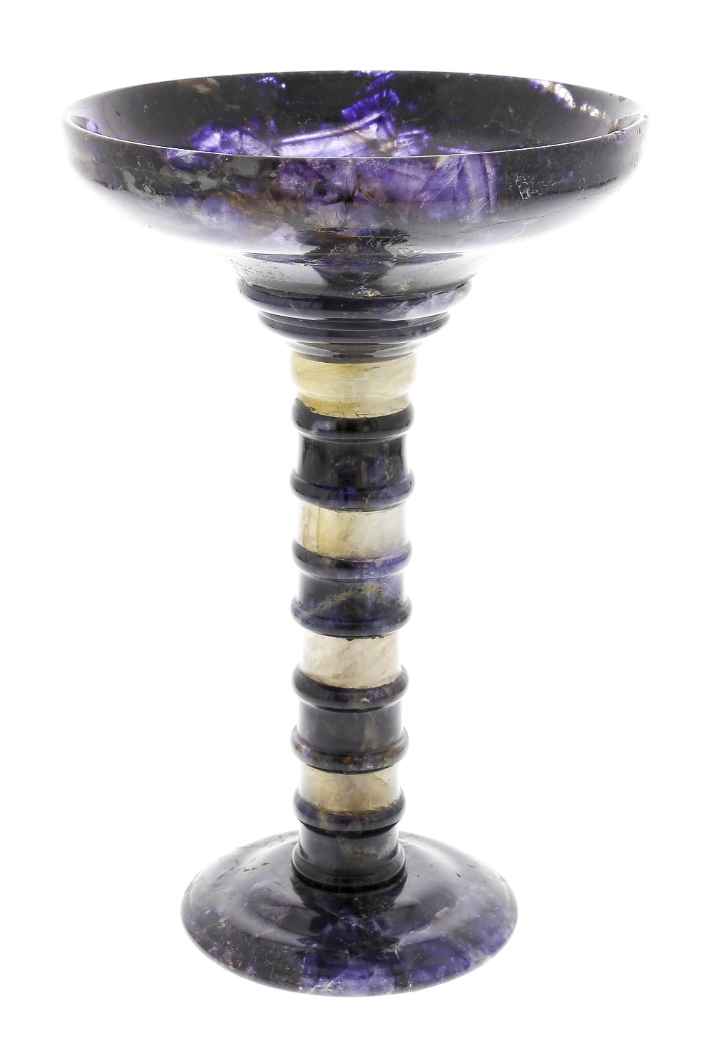 A Blue John pedestal dish or tazza. Treak Cliff Blue Vein The shallow pan-topped circular bowl