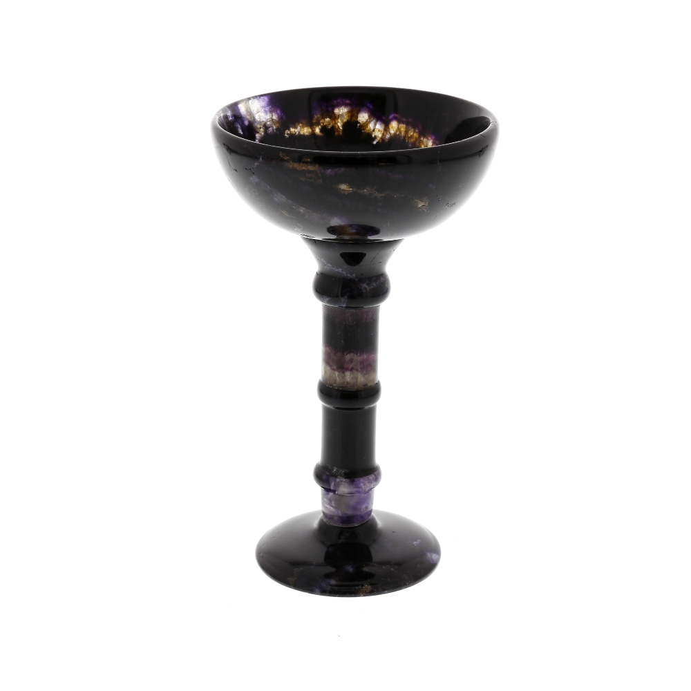 A Blue John pedestal cup or chalice. Odin Vein The hemispherical bowl of dark amethyst hue with