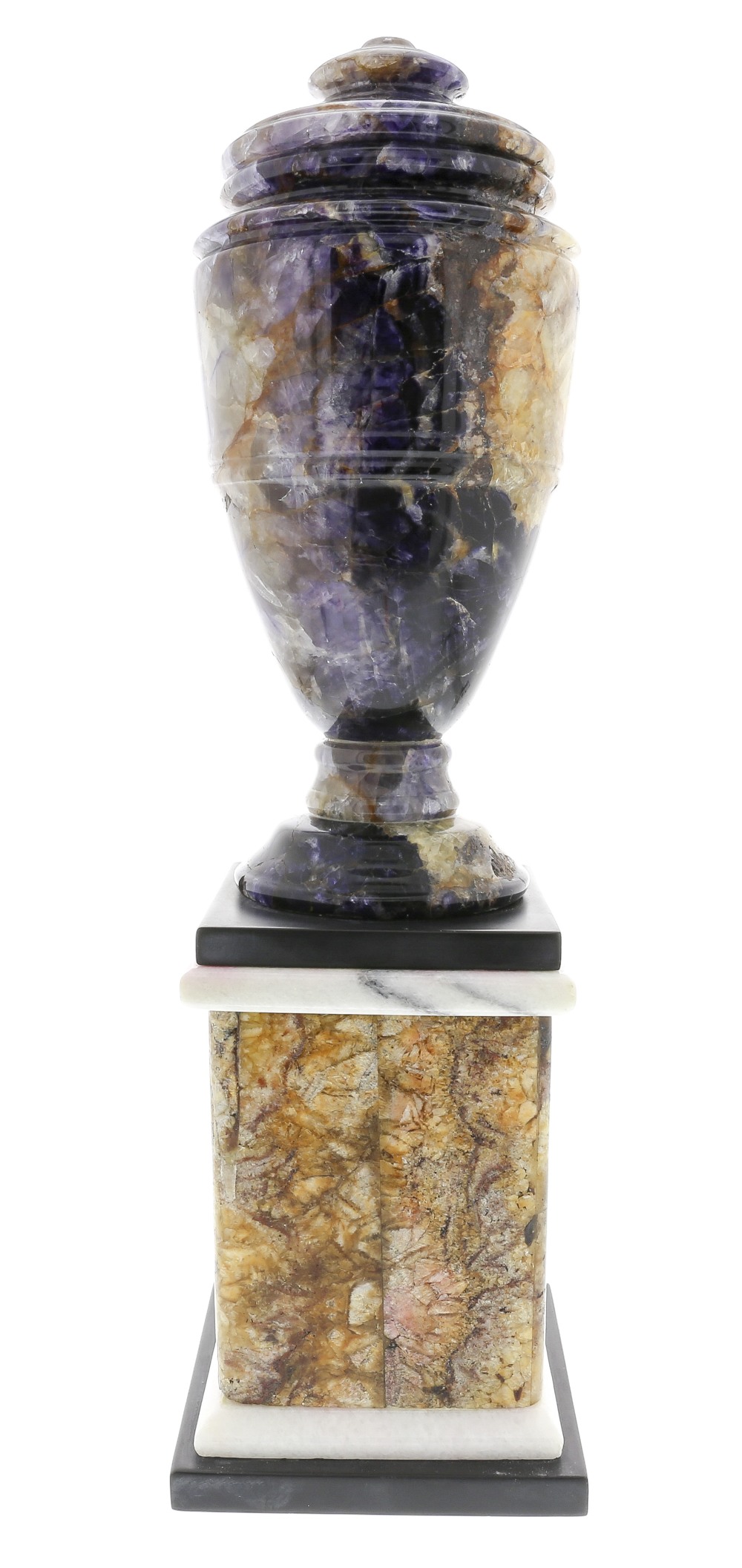 A large Blue John pedestal urn. Treak Cliff Blue Vein Of neoclassical shouldered ovoid form, the