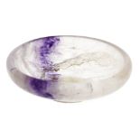 A small Blue John dish. The squat circular body with 'milky' translucency and a band of purple