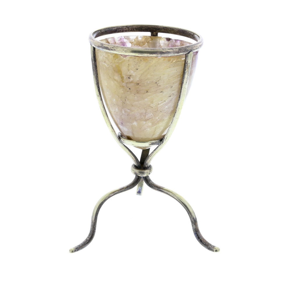 A Blue John egg cup. Treak Cliff Blue Vein The truncated ovoid bowl within silver-plated frame