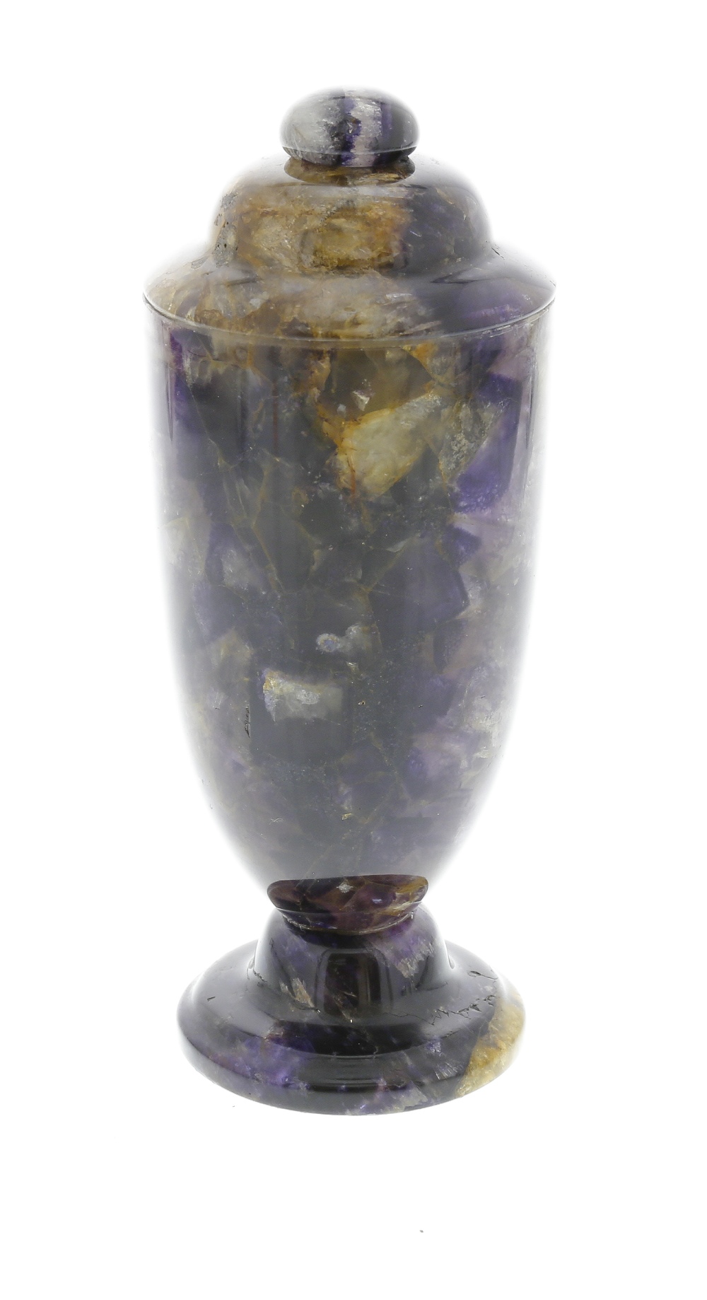 A Blue John urn. Old Tor Vein With bun finial over stepped domed cover and tapering body on a bell-