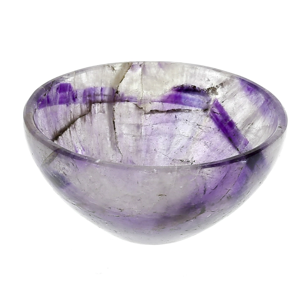 A small fluorite bowl Of hemispherical form and fine gauge, with unusual lilac veining to the