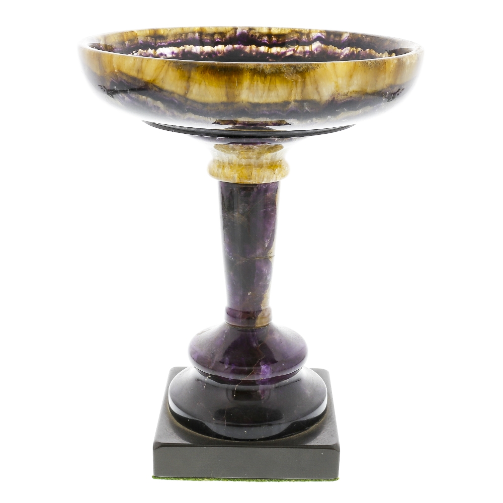 A Blue John pedestal dish or tazza. Blue John Cavern vein group The circular top on a turned