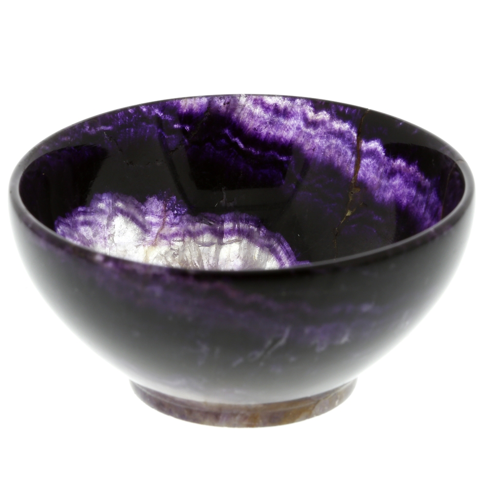 A Blue John bowl Of hemispherical form with internal central 'cracked ice' marking shading to dark