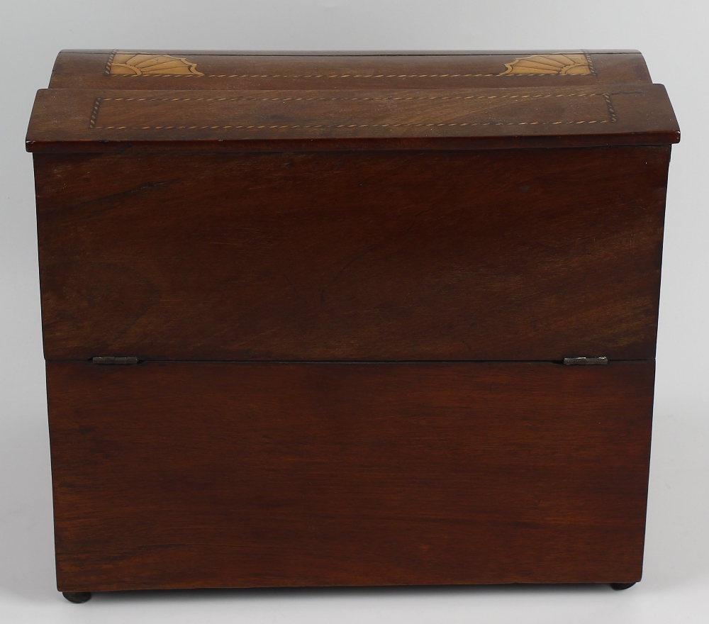 An inlaid mahogany decanter box, the hinged bow fronted cover opening to reveal a fitted interior - Image 4 of 5