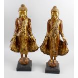 A pair of carved, painted and gilded wood figures. Each modelled as Eastern deity, dressed in