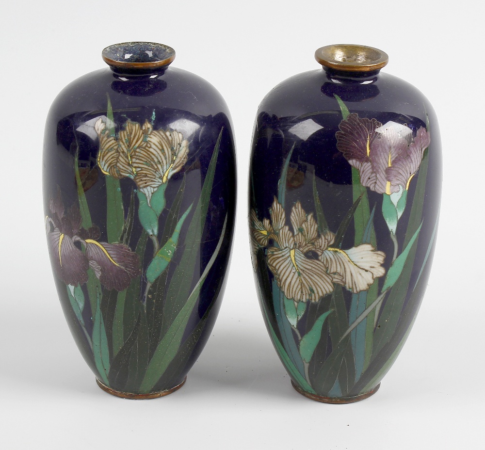 A small pair of Japanese Meiji period cloisonne vases. Of ovoid form having short flared neck,