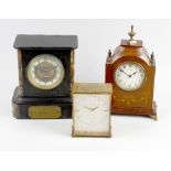 Two boxes containing various clocks. To include an inlaid mantle clock, barometer, etc. Group lot-