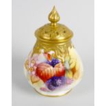 A Royal Worcester pot pouri and cover. The bulbous form body hand painted with berries and leaves,