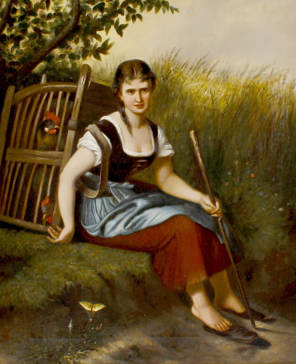 Charles Sillem Lidderdale, (1830-1895)Depicting young female resting with basket of chickens